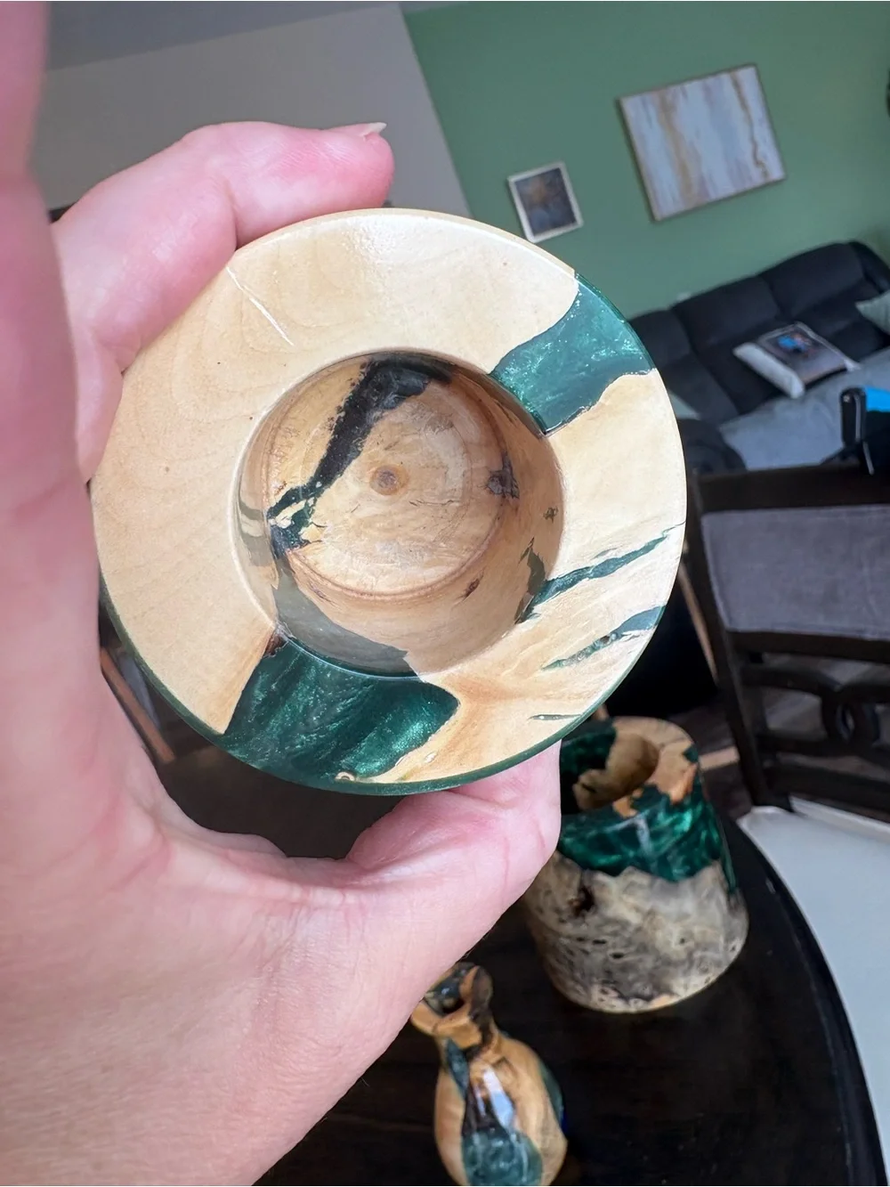 Handcrafted Wood and Emerald Resin Decorative Vase - Green Accent